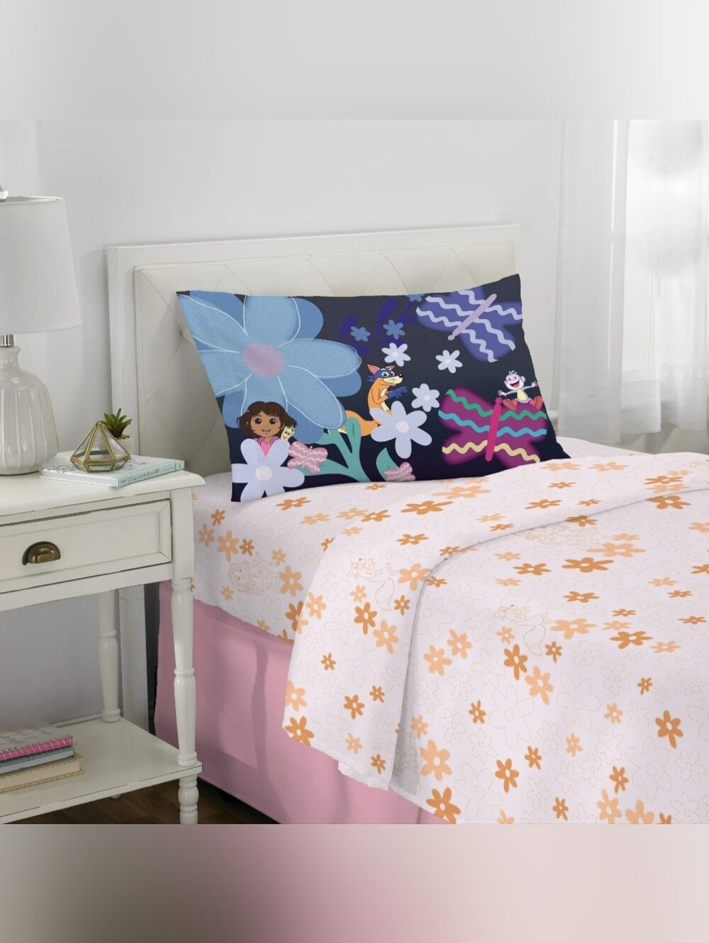 Dora Kids 3 Piece Pink Orange Floral Twin Sheet Set